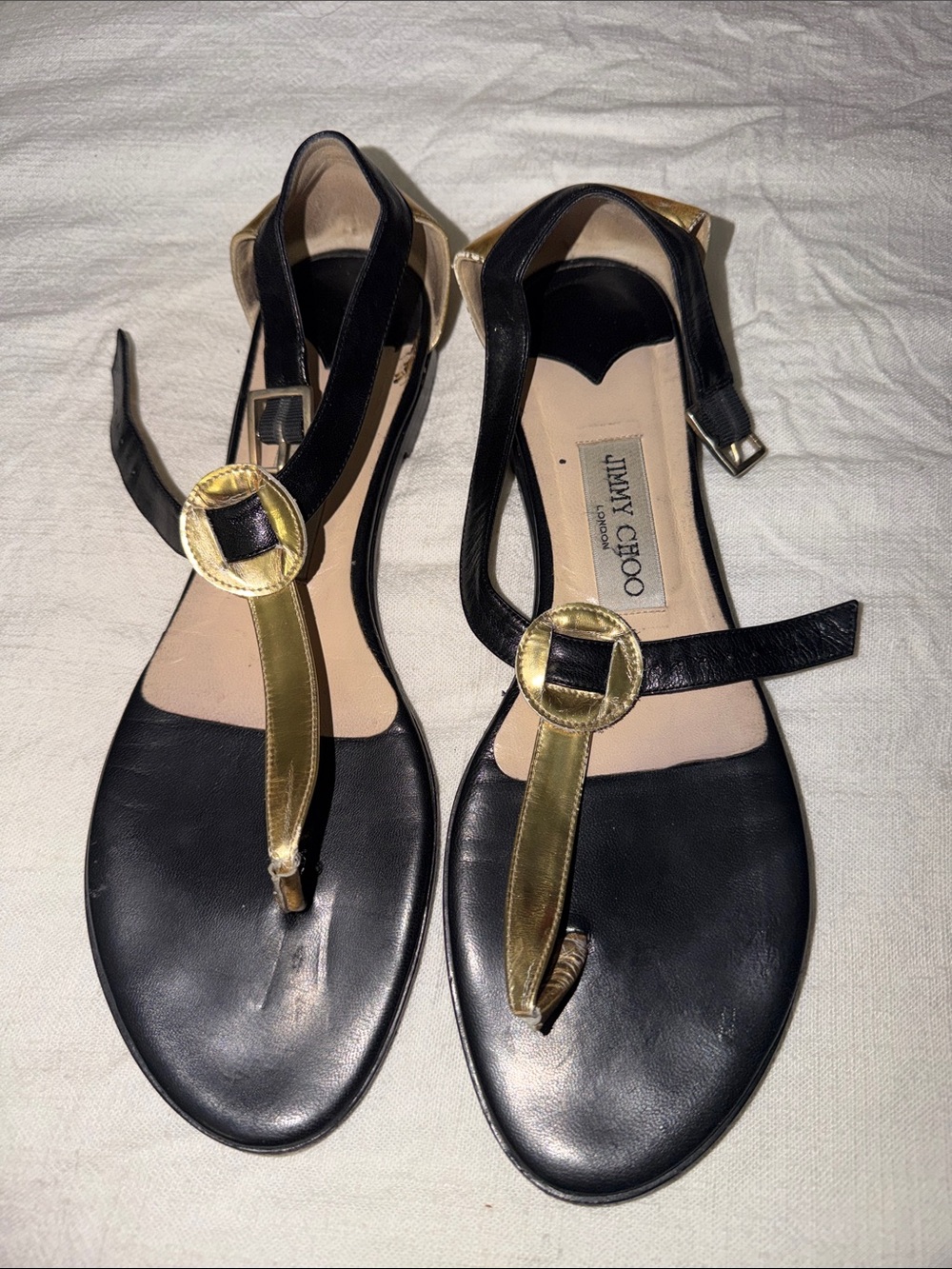 Jimmy Choo Black and Gold T-Strap Sandals